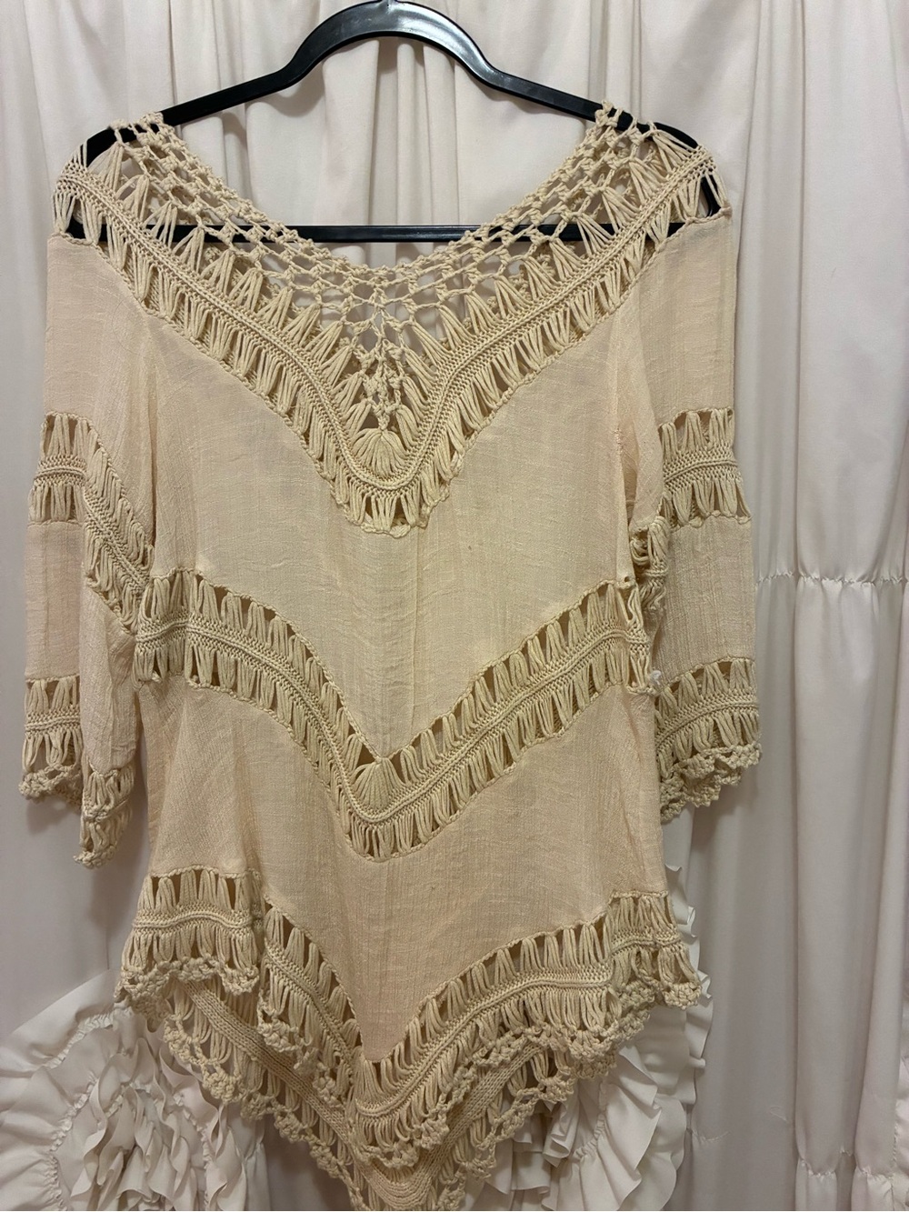 Boho Crochet Fringe Tunic Top - Cream